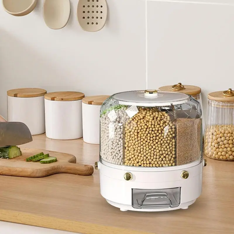 Grain Dispenser Large Capacity Round Cereal Dispenser 360 Rotating Candy Dispenser 6 Grids Grain Storage Box For Cabinet