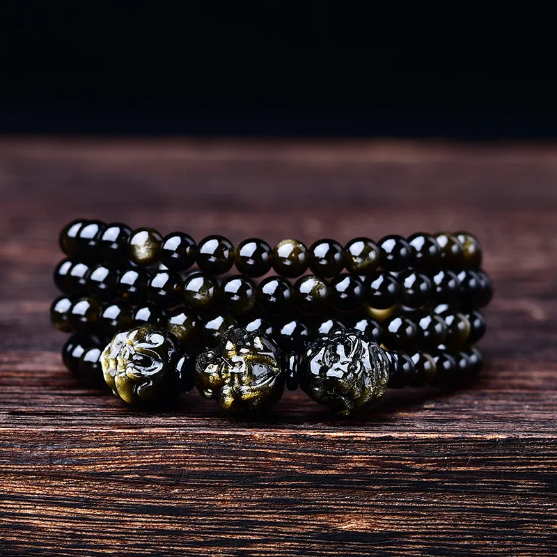 

Natural Golden Stone 3D Zodiac Three-In-One 108 Buddha Beads Multi-Layer Bracelet Men And Women