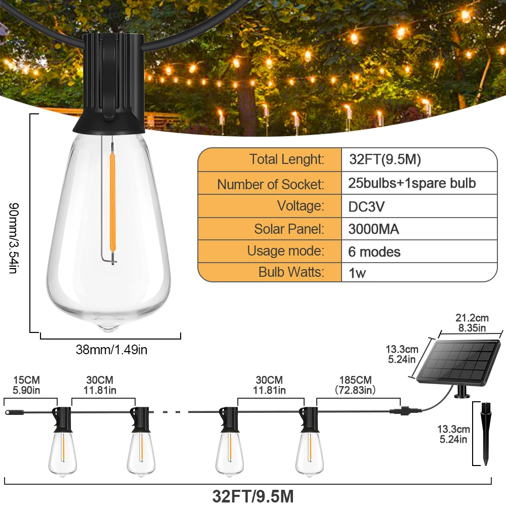 ST38 Solar String Lights 32ft Solar Outdoor Lights with 25 Shatterproof LED Bulb Waterproof Patio Hanging Lights for Garden Dec