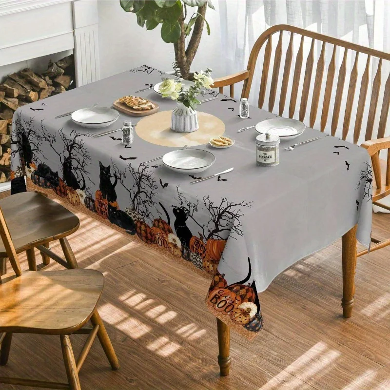 1 piece of Halloween rectangular polyester tablecloth - pumpkin moon cat washable tableclothzyc