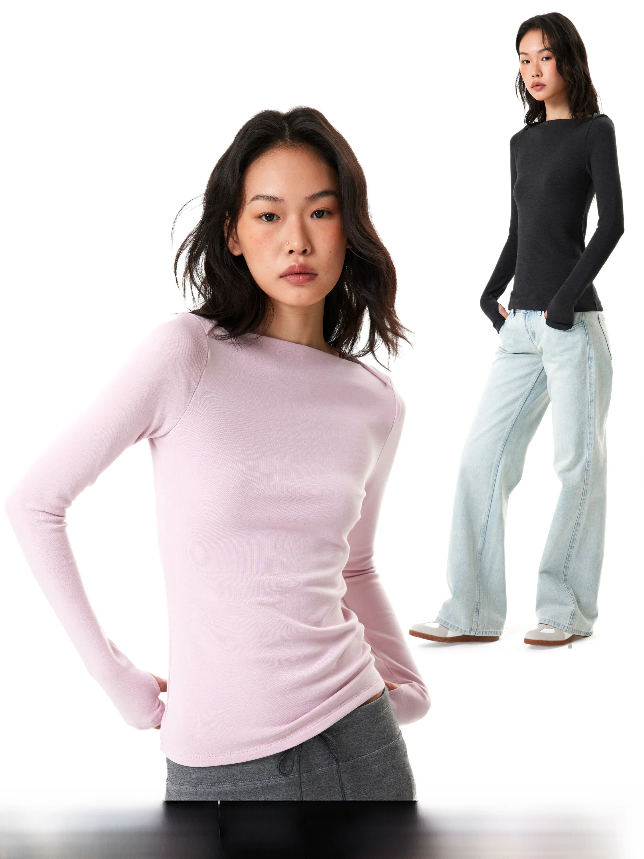 Pink One-Shoulder Long-Sleeve Slim-Fit T-Shirt Women's Casual Style Spring Autumn GO GO BURN Brand Base Layer Top