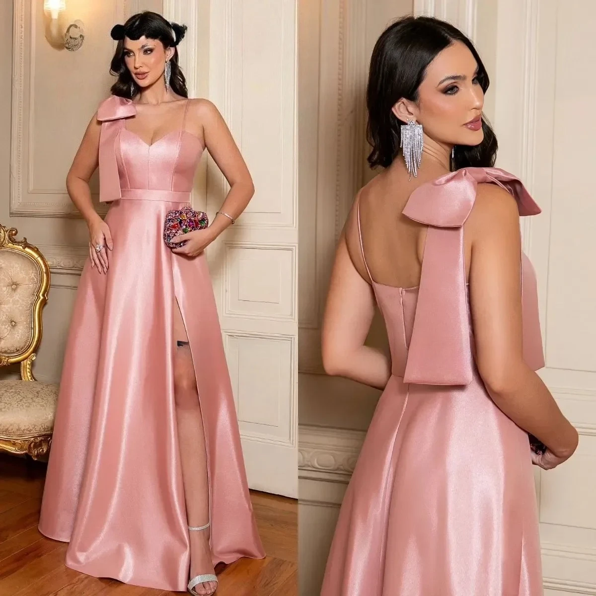 

Customized Fabulous Blush Pink Evening Dresses Elegant Sleeveless Evening Gown Bow Straps Thigh Split Formal Dresses for Women