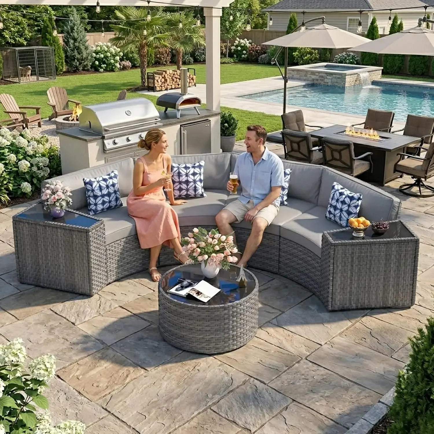 7 Pieces Half-Moon Curved Outdoor Sectional Sofa and Side Table, Customized，Outdoor Patio Furniture Set with Coffee Table