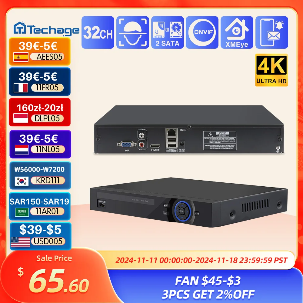 Techage 4K 32CH NVR grabadora de vídeo en red H.265 grabadora de vídeo de disco duro seguridad del hogar vigilancia CCTV Onvif PoE cámara IP