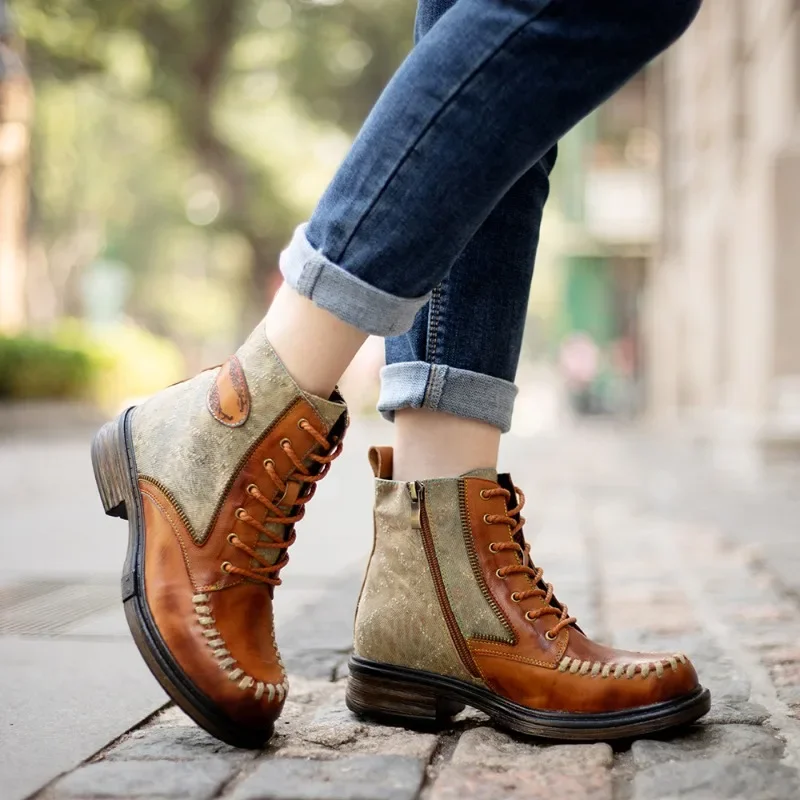 Genuine Leather Reddish Brown Cross Tied Ankle Boots 2025 Winter New Women Shoes British Style  Round Toe Splicing Short Boots