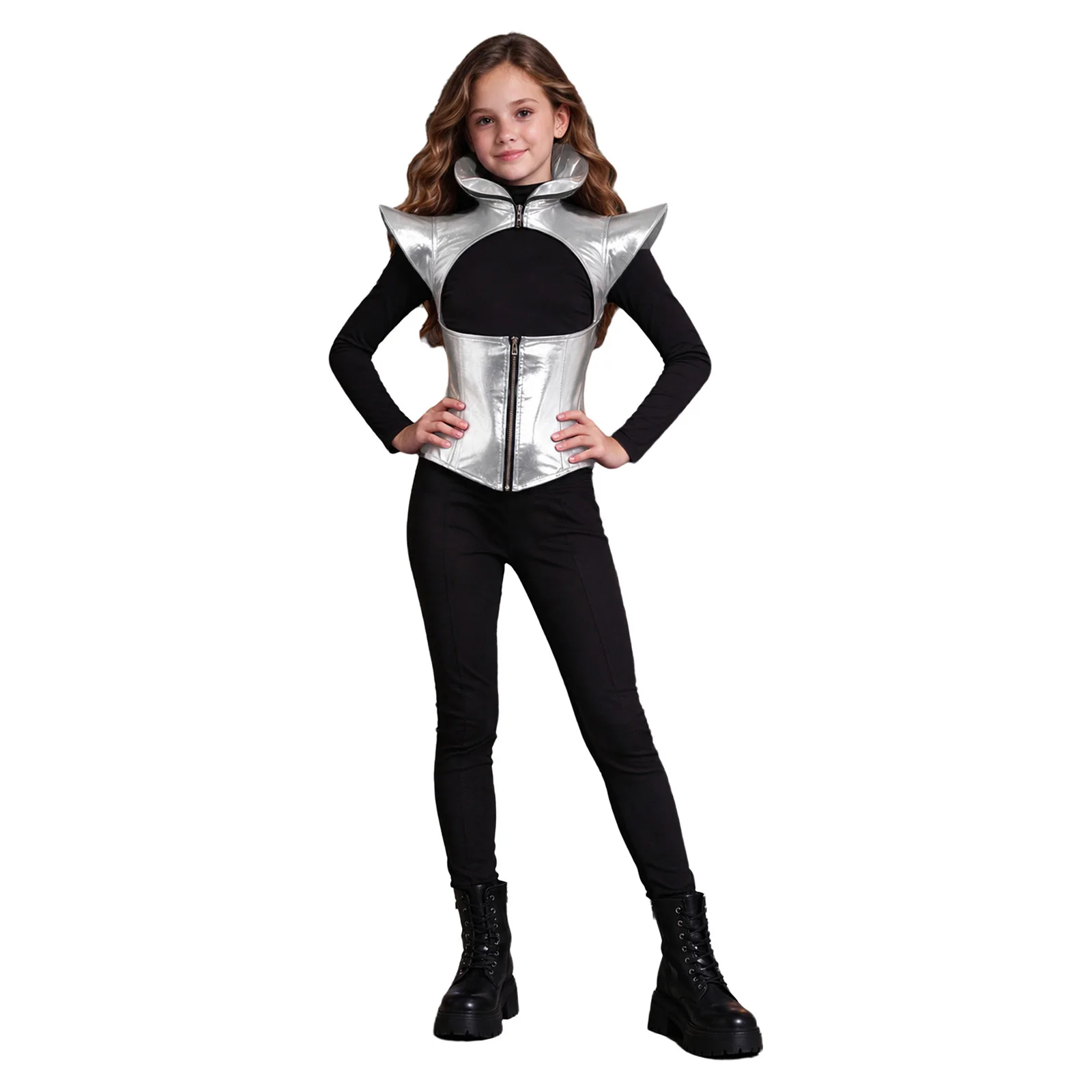Girls Metallic Armor Shrug Cap Sleeves Stand Collar Cutout Asymmetrical Hem Blazer Tops for Theme Party Halloween Performance