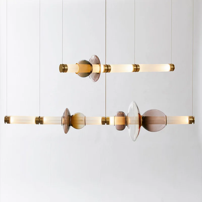 Nordic Designer Long Strip Colored Glass LED Modern Chandelier Restaurant Bar Living Room Study Kitchen Indoor Home Decoration