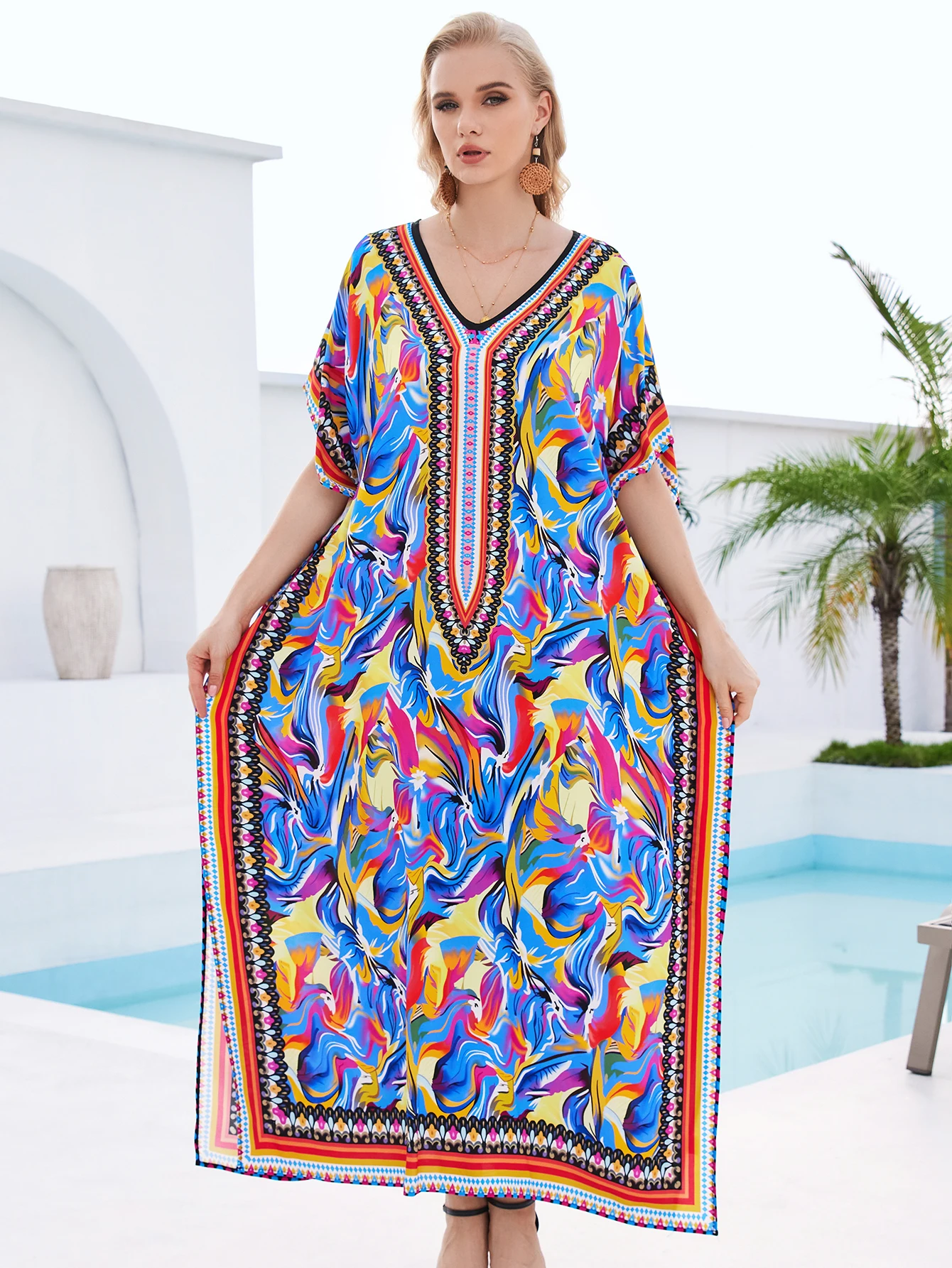 Plus Size Women Kaftan V Neck Colorful Marble Print Maxi Dress Boho Beach Cover Up Loose Caftan Resort Vacation Swimwear Coverup