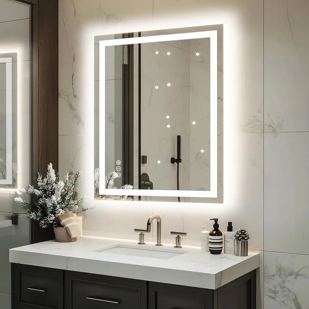 

32 "X 24" светодиодное зеркало для ванной комнаты с подсветкой, регулируемая яркость, двойная подсветка, подсветка + передняя подсветка, 3 цвета светодиодное зеркало для ванной комнаты,