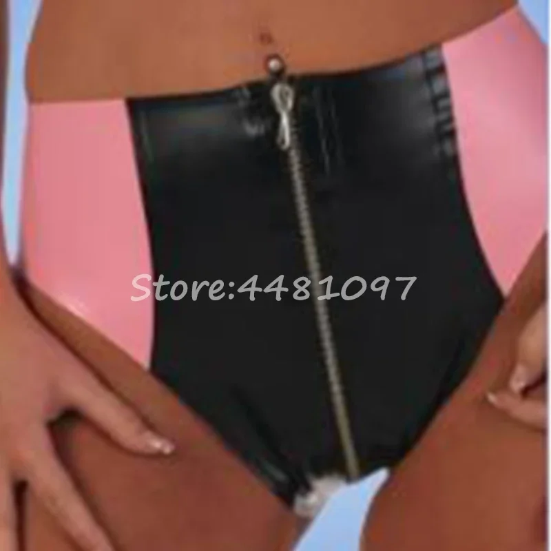 

Sexy Latex Rubber Women Mini Shorts Black with Pink Crotch Zipper Underwear Female Lingerie