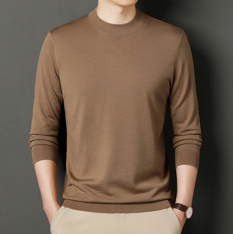 

Top Grade 100% Worsted Wool Tee Tops Spring & Autumn Mock Neck Thin Knitwear T-shirt Pure Sheep Wool Knit Tee Shirts for Man