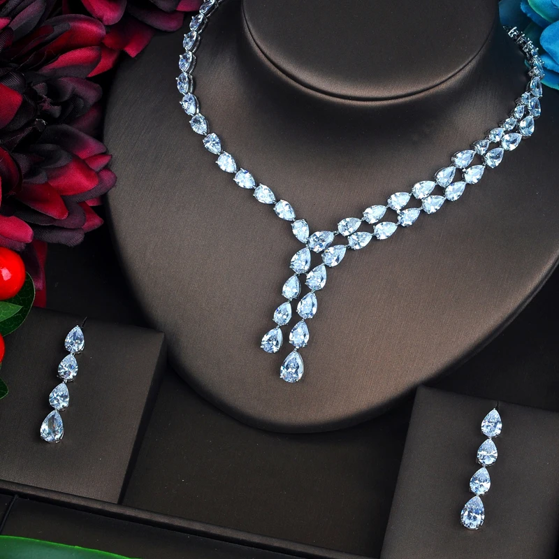 HIBRIDE Luxury Clear And Blue Water Drop Jewelry Sets For Women Necklace Set Wedding Dress Accessories Wholesale Price N-388