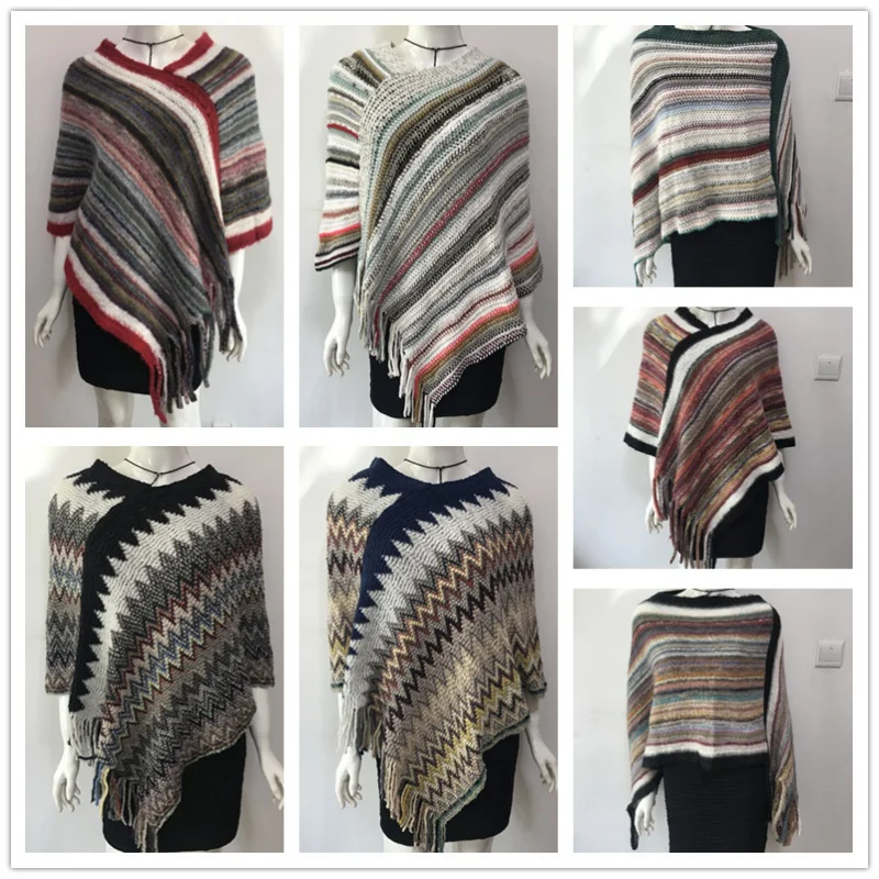 Autumn Hollow Women's Solid Color Striped Pullover Sweater Baggy Coat Cape and Shawl Wholesale