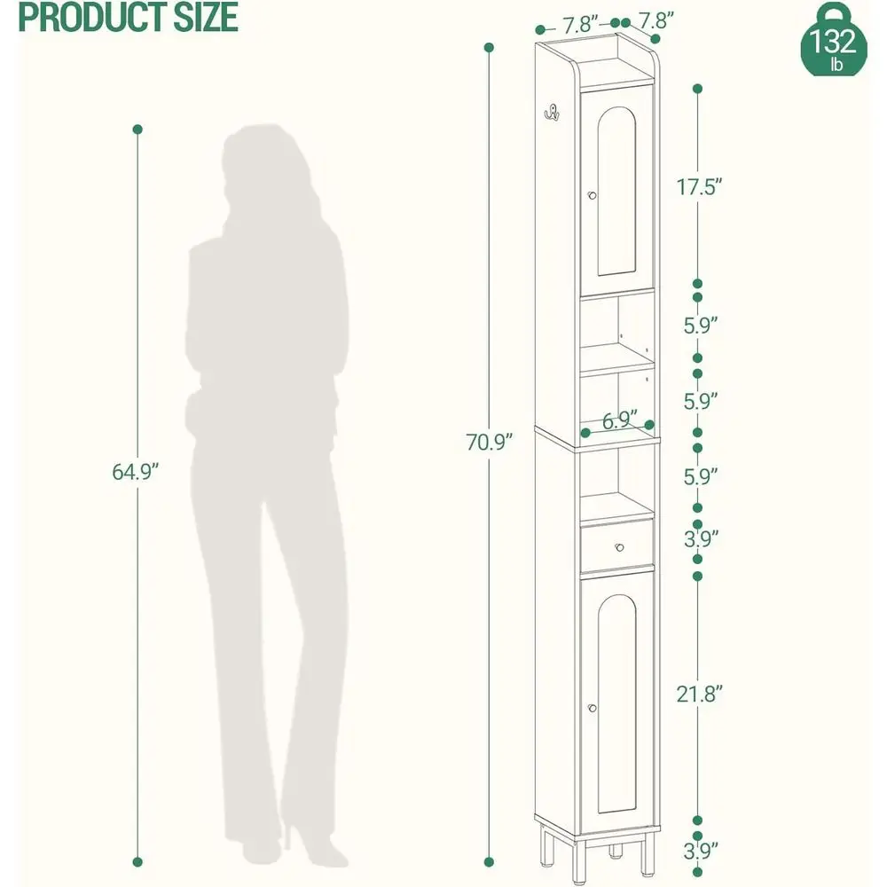 Высокий черный отдельно стоящий шкаф для ванной комнаты с регулируемыми полками, 7,9D x 7,9 Ш x 70,9H