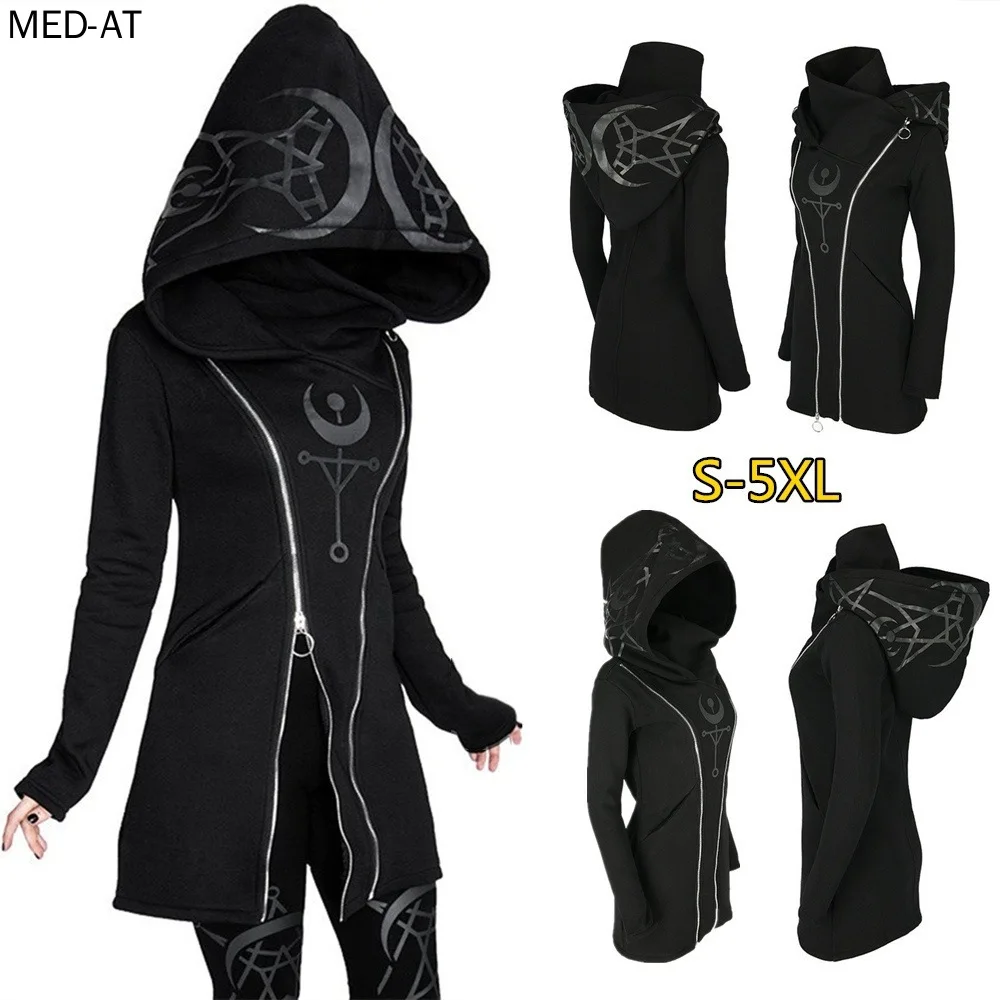 

Autumn Women Gothic Coat Black Moon Print Witch Halloween Hooded Jacket Costume Side Zipper Harajuku Lady High Street Outwear