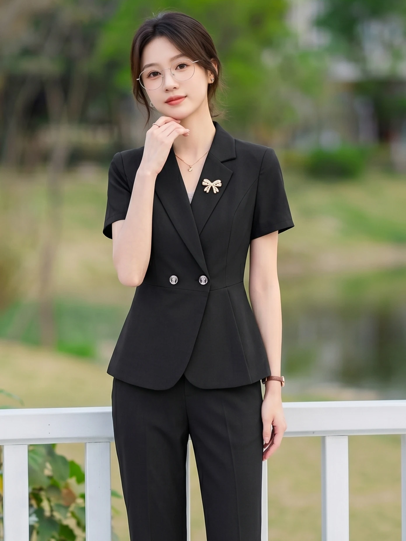 

Black Short Sleeve Suit Jacket Women's Commute Waist-Cinching Workwear Professional Managerial Uniform Polyester Blend