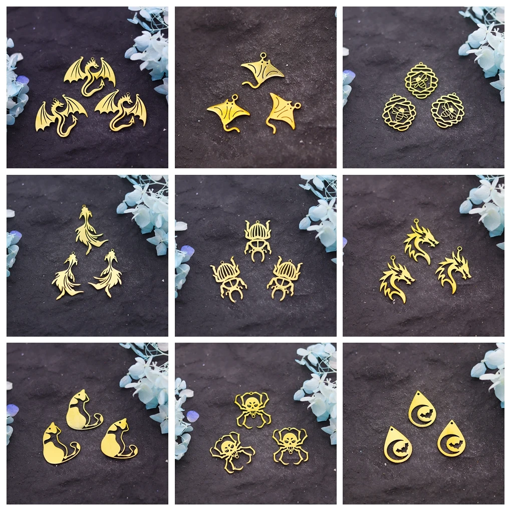 3pcs Butterfly Moth Whale Fish Tail Dinosaur Beetle Charms Stainless Steel Insect Pendant Diy Necklace Bracelet Jewelry Making