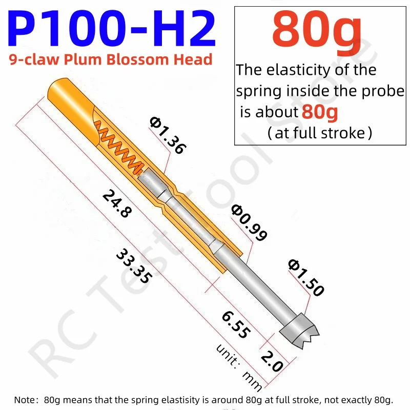 

20/100PCS P100-H2 33.35mm 9-claw Plum Blossom Head Test Pin1.50mm Needle Spring Test Probe P100-H Dia 1.36mm Test Pogo Pins 80g