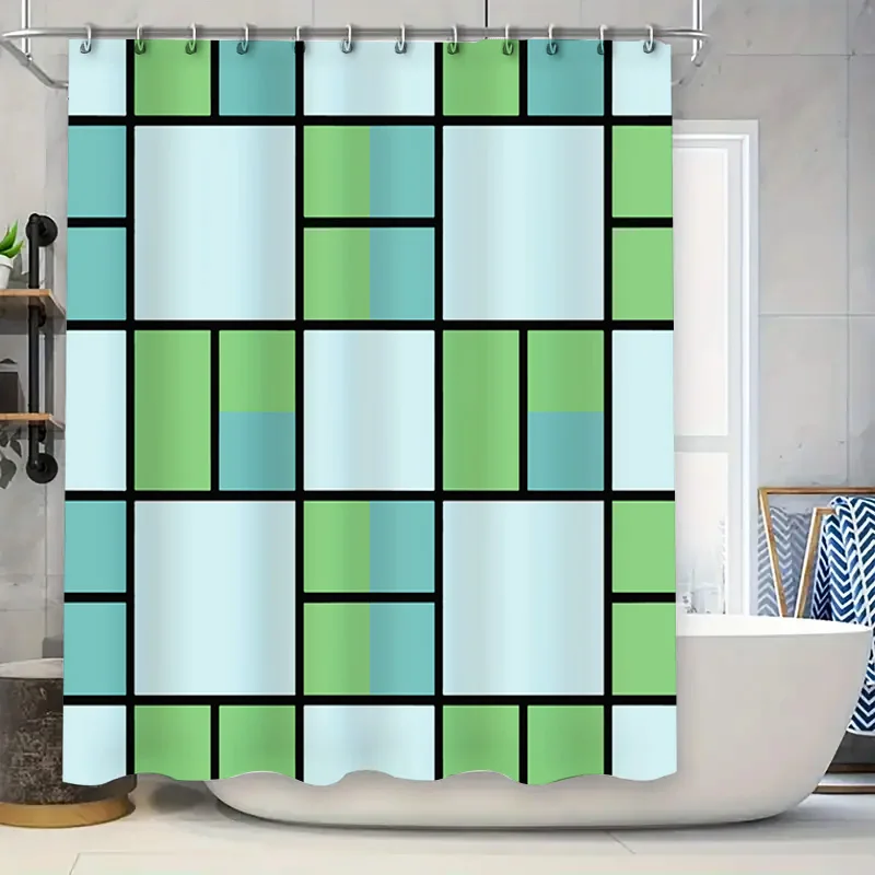 

Modern Style Green White Blue Shower Curtain for Bathroom Decor Rectangular Pattern Bath Rug Mat with Hook Rings (180x240cm)