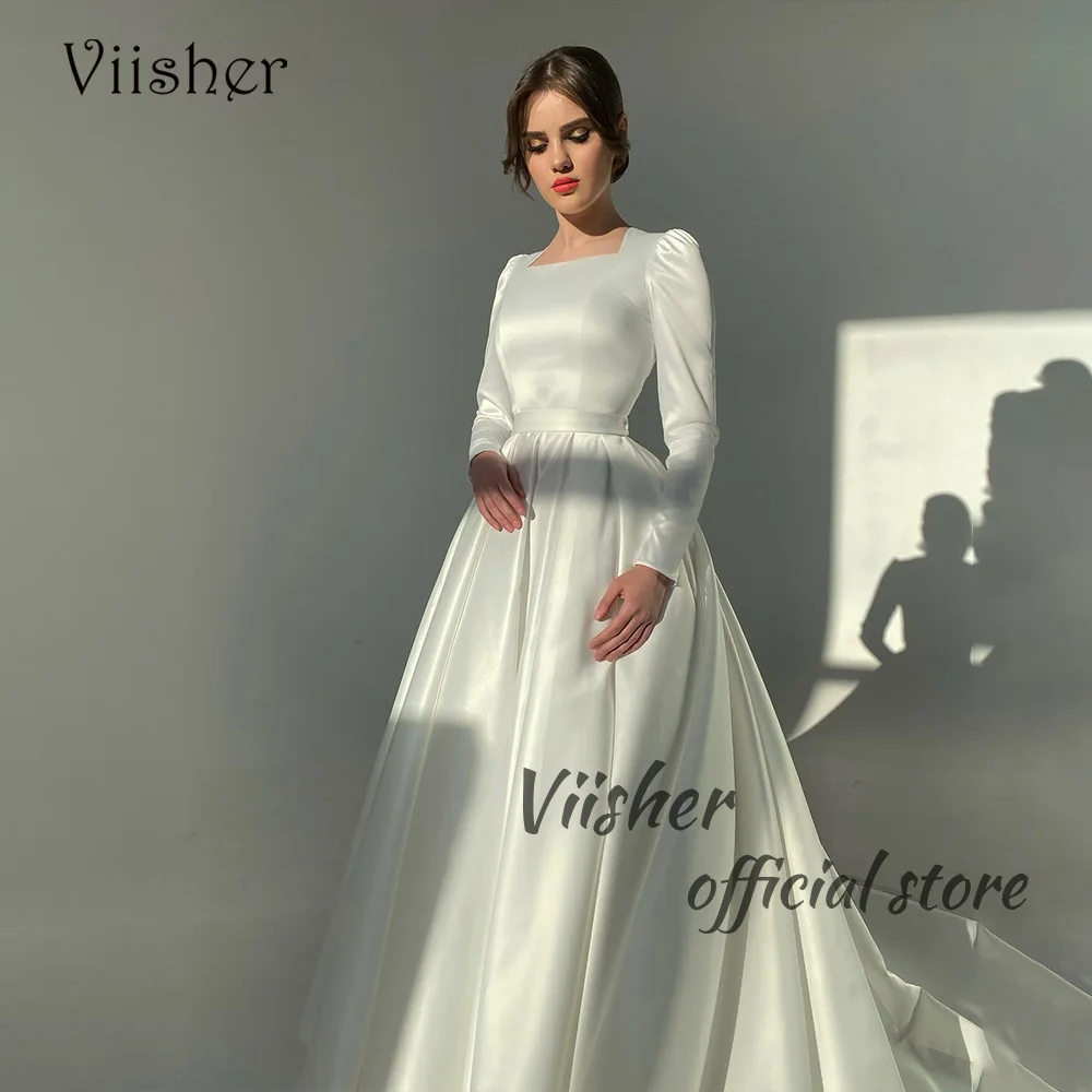 Viisher-Branco De Cetim Vestidos De Noiva, A Linha Princesa, Manga Comprida, Pescoço Quadrado, Elegante Vestido De Noiva, Casamento Civil Vestidos De Noiva