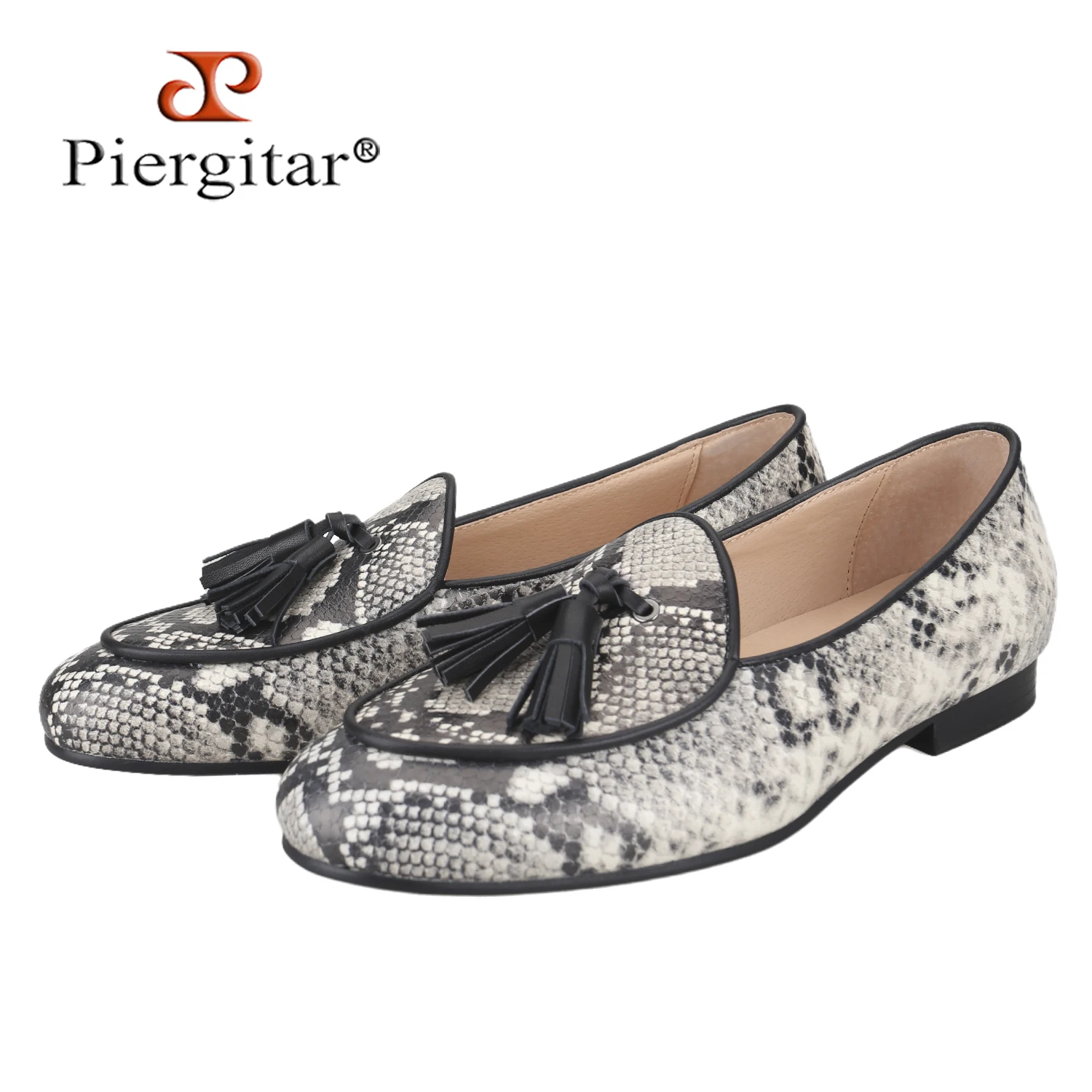 Piergitar Dominique Python Patterned Genuine Leather Men's Slippers With Black Calfskin Tassels And Piping For Party Formal Wear