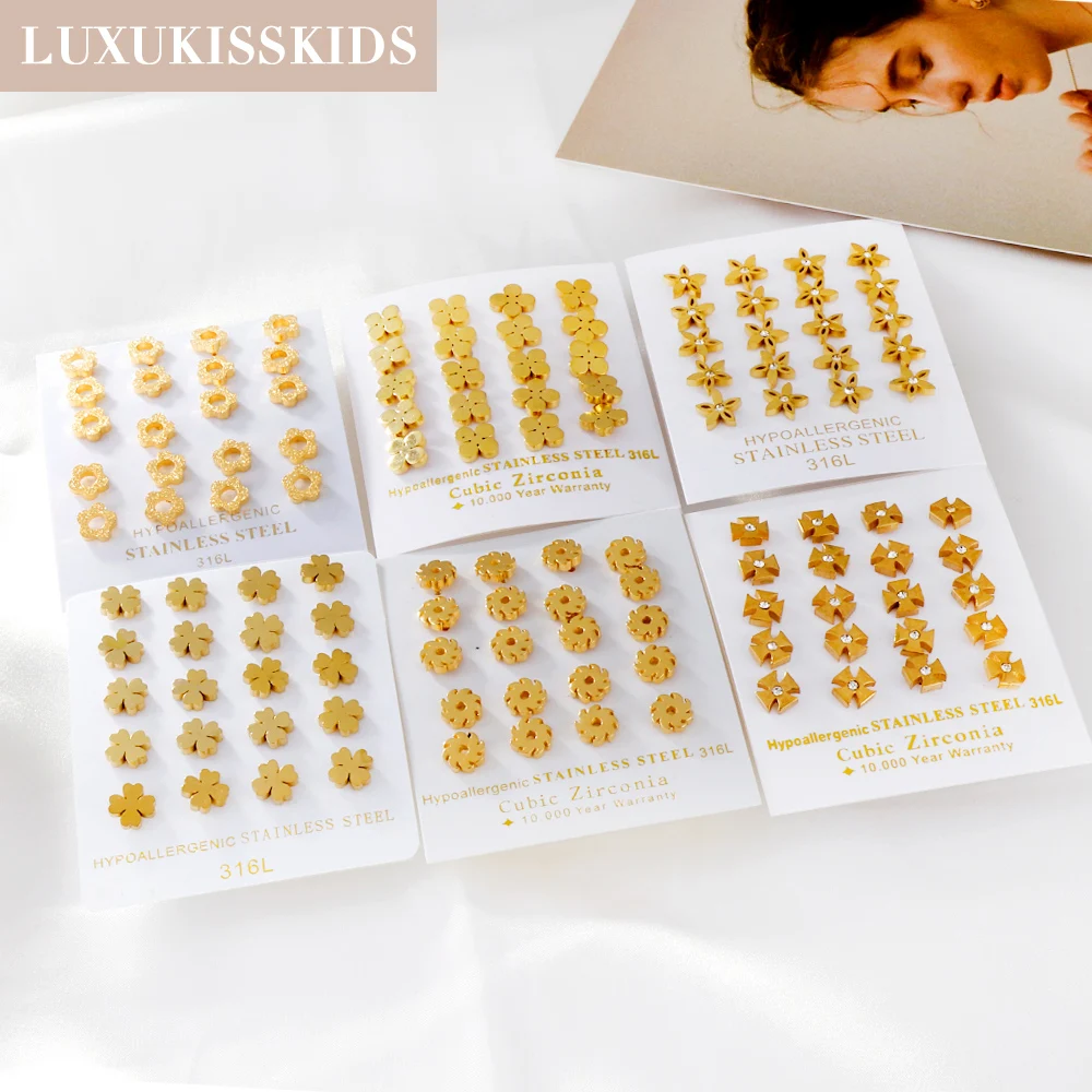 

LUXUKISSKIDS Stud Earring Flower Heart Animal 10pairs/lot Stainless Steel 316L Piercing Zirconia aretes Wholesale Hypoallergenic