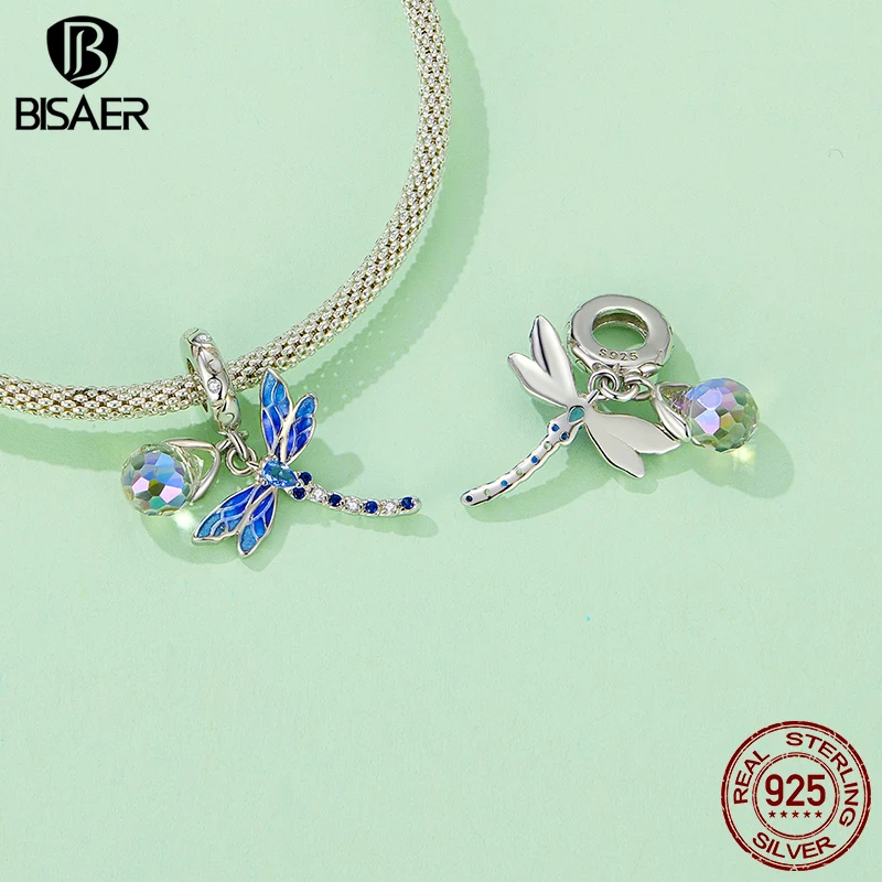 BISAER 100% 925 Sterling Dragonfly Charm Bead Enamel process Animal Pendant Plated Platinum Fit Women DIY Bracelet Fine Jewelry