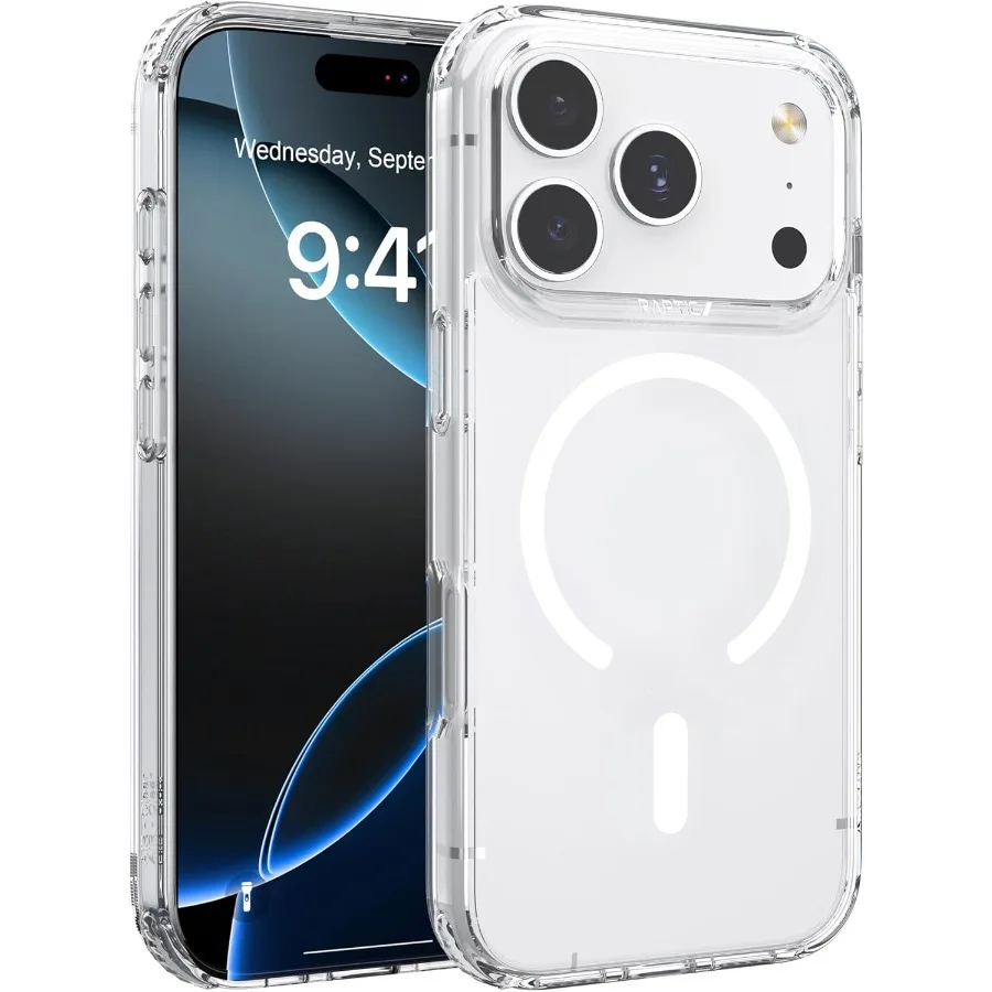 Capa projetada diamante transparente para telefone 17 Pro, compatível com MagSafe, proteção de grau militar à prova de choque, nunca amarela