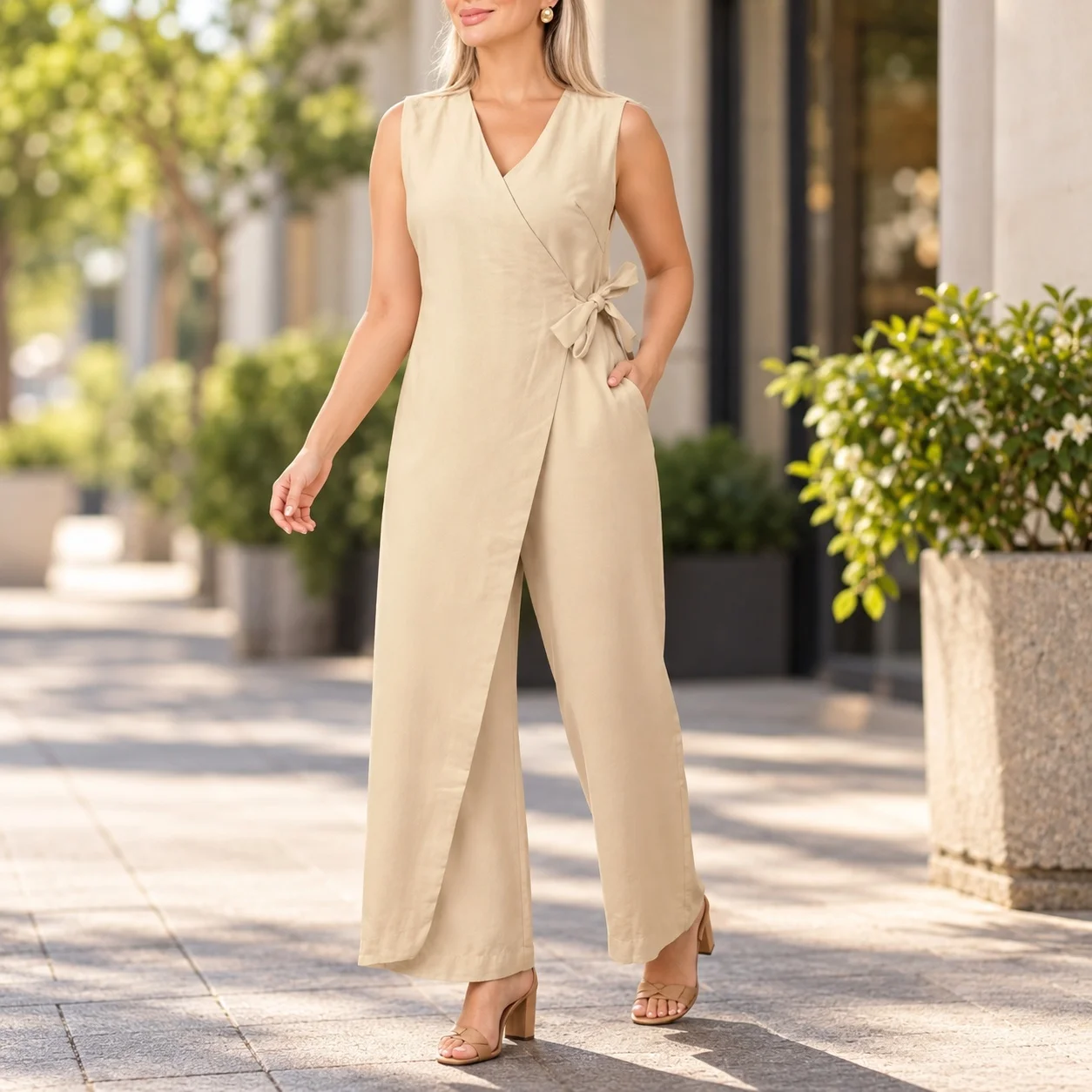 Casual Mid Rise Belt with Loose Fit Full Length Lightweight Spring Urban Elegant Commuting Sleeveless Patchwork Women Jumpsuit
