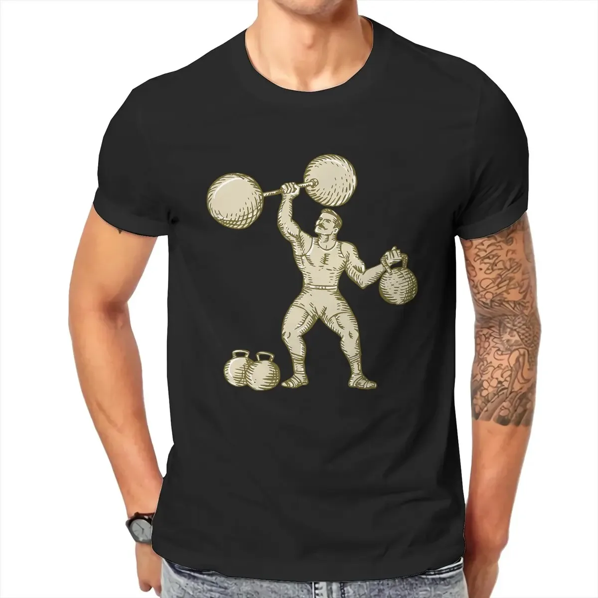 Vintage Strongman_Lifting_Barbell_Kettlebell_Etching T-Shirts for Men O Neck 100% Cotton T Shirt  Short Sleeve Tee Shirt Tops