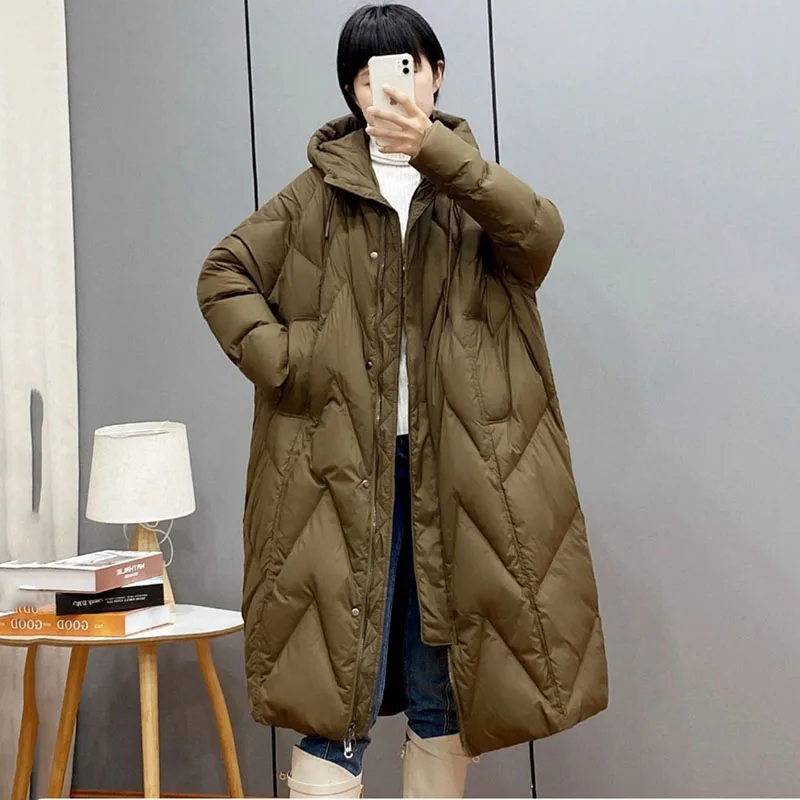 Oversized Women\'s Down Jacket Winter Warm Outerwear Snow White Duck Down Coat Female Casual Hooded Parker Overcoat Khaki 105KG