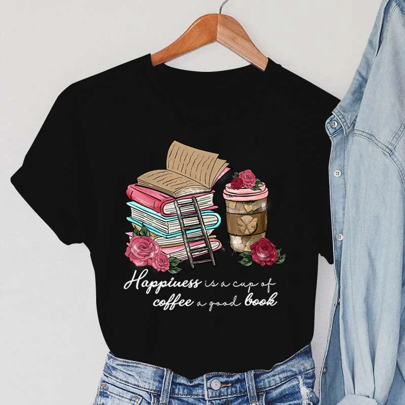 

Cartoon Stairs Tops Books Summer Casual Fashion Women T-shirts Harajuku Aesthetic Coffee Rose Elegant Short Sleeve Tee Clothing