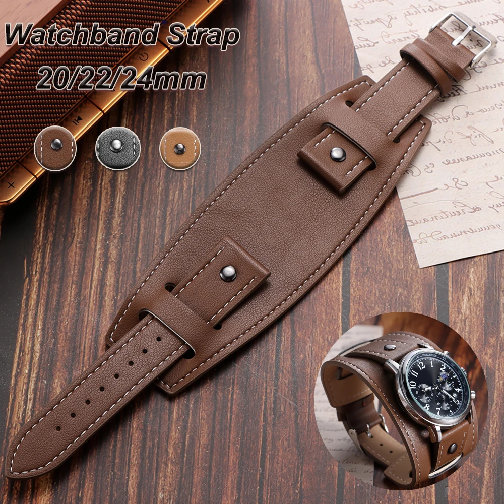20 22 24mm Bund Strap Men's Watch Band Vintage Cowhide Cuff Watchband Bracelet Deep Brown Black Light Brown Color Watch Strap