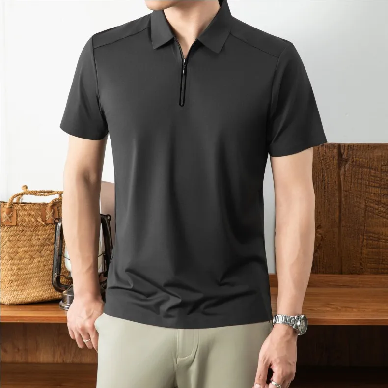 Luxuriöses Herren-Poloshirt mit halbem Reißverschluss kurzärmelig einfarbig hochwertige Eisseide atmungsaktiv Sommer neu lässig modisch T-Shirt – Detail 19