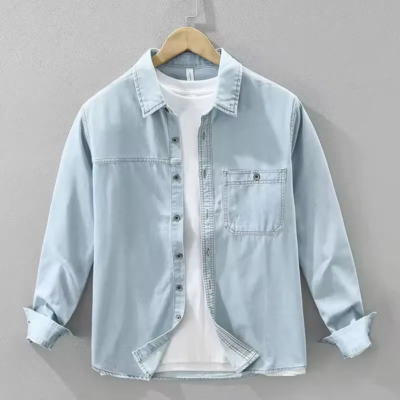 

2026 Spring Autumn New 100% Cotton Vintage Washed Long Sleeve Denim Shirt for Men Clothing Turn-down Collar Versatile Streetwear