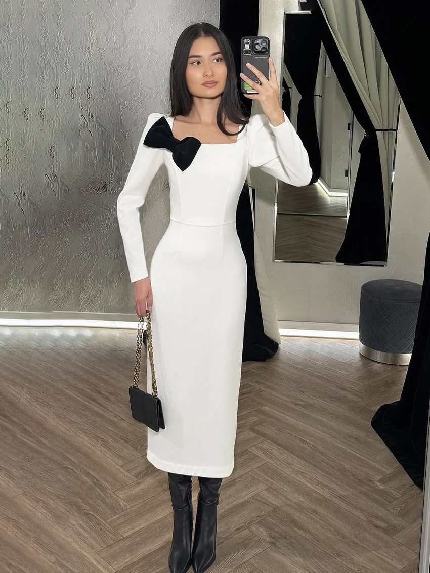 

Marthaqiqi Fashion Women'S Pajamas Long Sleeve Sleepwear Sexy Square Collar Nightwear Bow Mid-Calf Dress Winter Ladies Nightgown