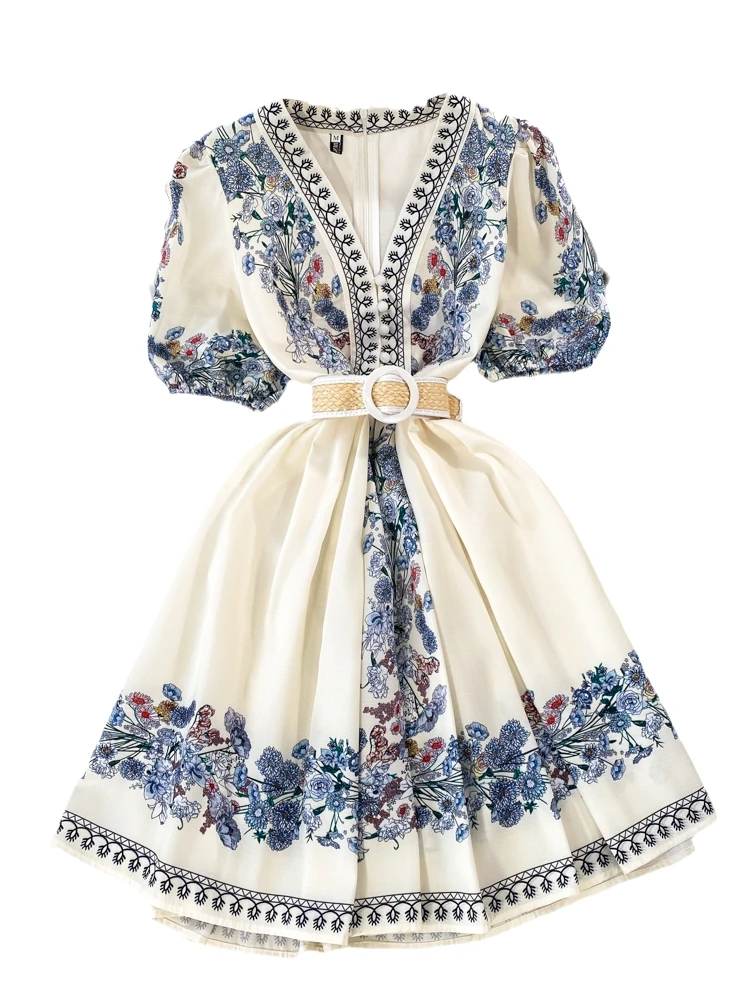 ビーチバケーションスタイル レトロデザイン レディース 夏 着痩せ Vネック バブルスリーブ 花柄プリント Aラインスカート おしゃれなガウン