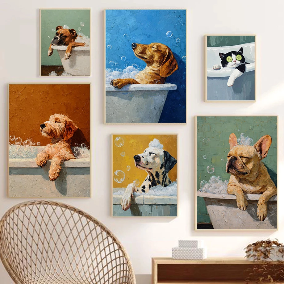 1PC  Cute Pet Bathroom Bathtub Bubbles Posters Lazy Dogs Cat Modern Prints Canvas Painting Wall Art Pictures Home Living Room