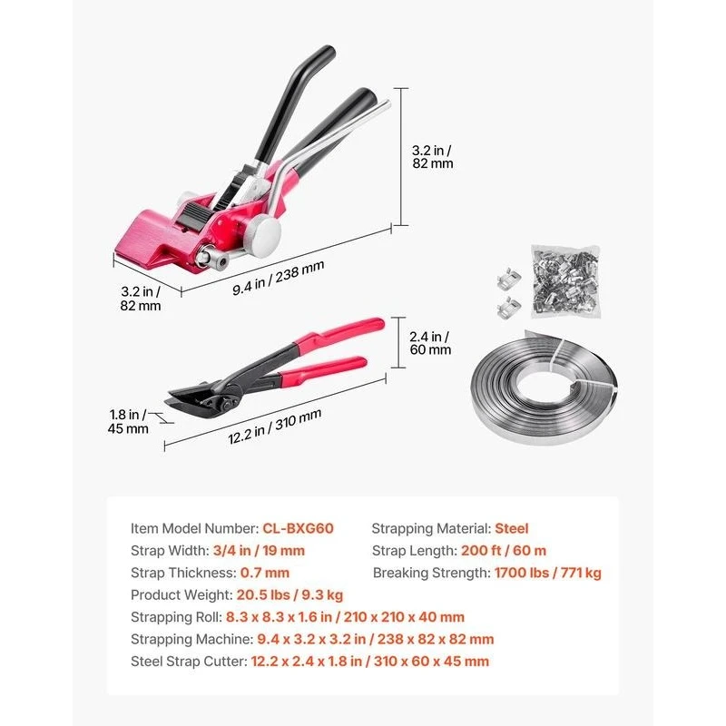 Steel Banding Strapping Kit, Heavy Duty Banding Sealer Tool with 200 ft Binding Straps, 200 Metal Clasps, Manual Pallet Packaging Strapping Kit for Warehouse, Transportation, Industrial Bundling view 4