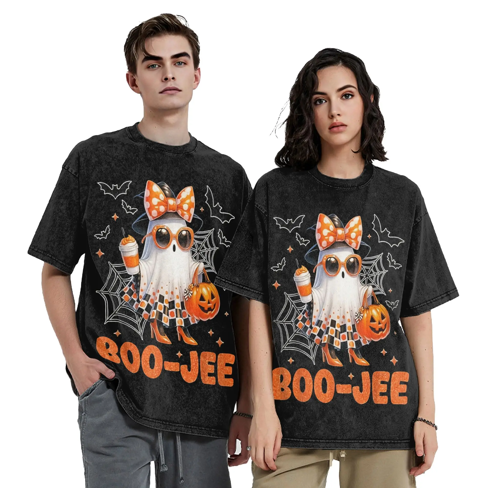 Halloween Boo Cute Ghost Washed T Shirt Streetwear Hip Hop Vintage T-Shirts Tee Shirt for Men Women Short Sleeve Harajuku Summer