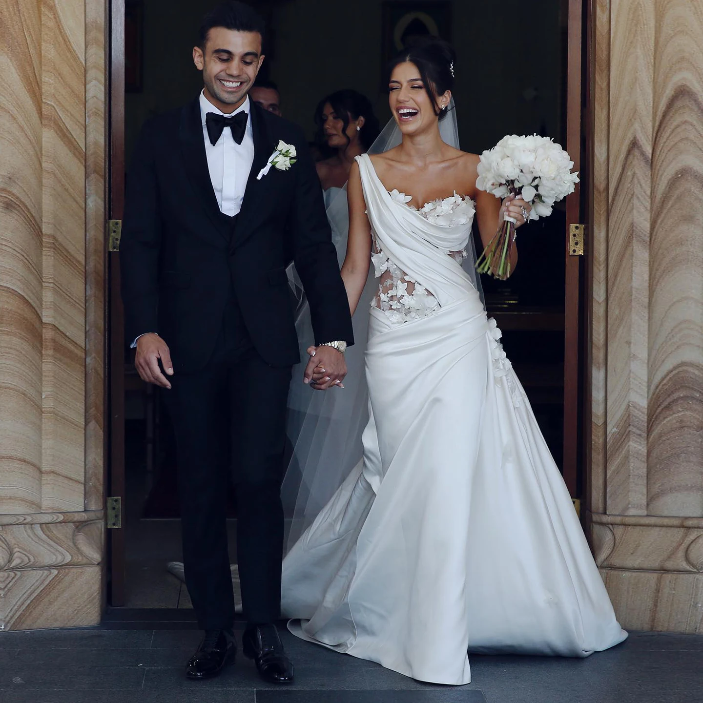 

Sharon Said Elegant One Shoulder Satin 3D Flowers Wedding Dress Corset Outdoor Bohemian Bridal Gowns SW013 Customized