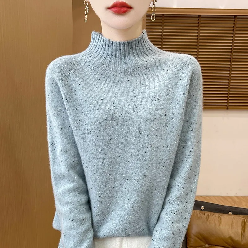 First-line Ready-to-wear Autumn and Winter Half Turtleneck 100% Pure Woolen Sweater Half High Pullover Loose Pullover Sweater Lo