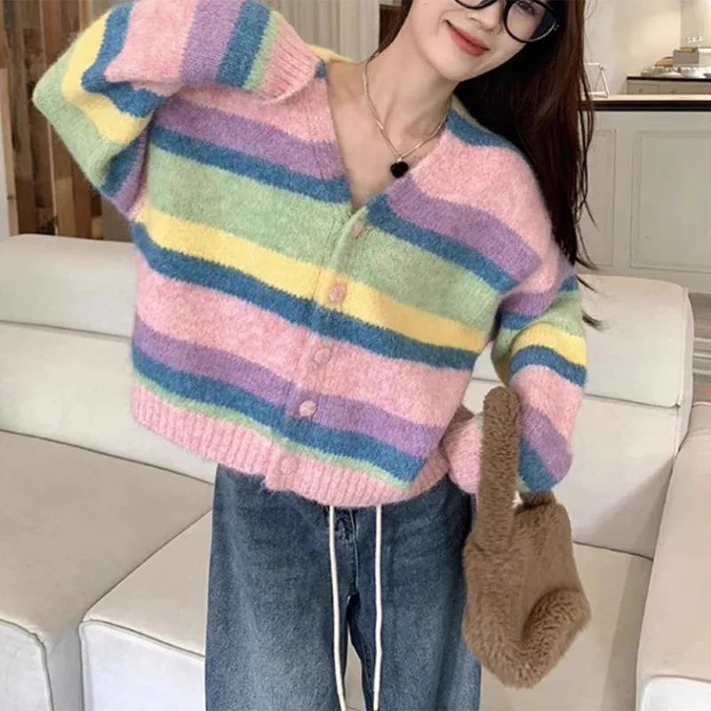 

V Rainbow Striped Cardigan Women Loose Single Breasted Knitted Cardigan Woman