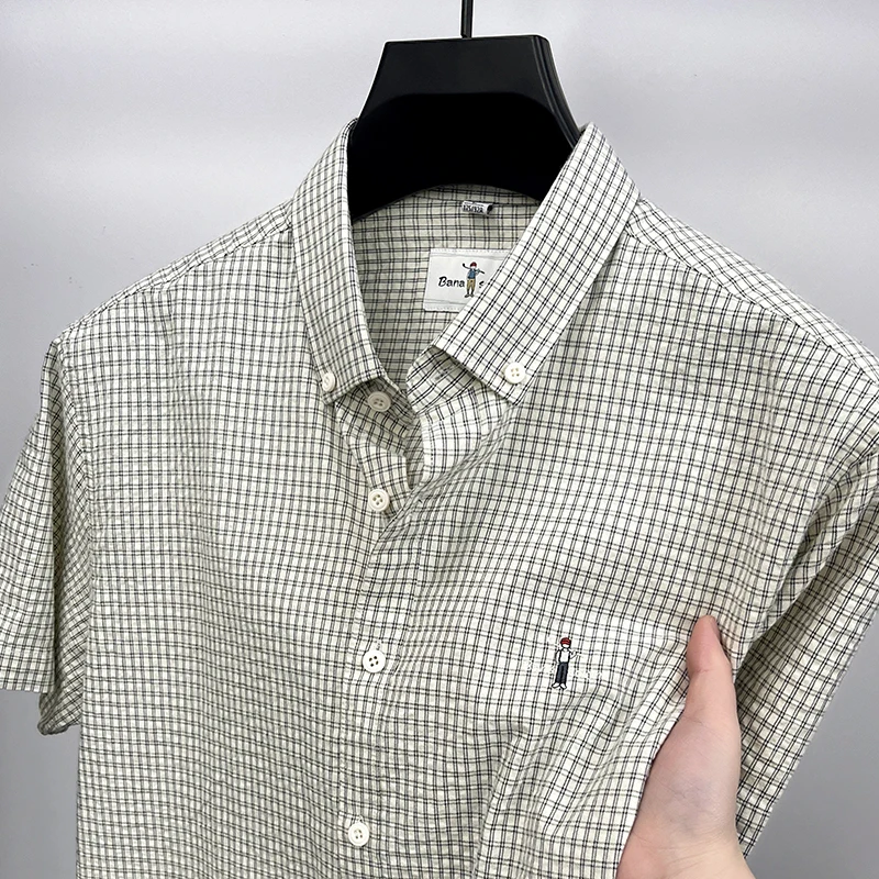 

Luxury Brand New Men's Shirt Lapel Cartoon Men Embroidery Short Sleeve 100Cotton Plaid shirt Casual Fashion Trend Menswear Top