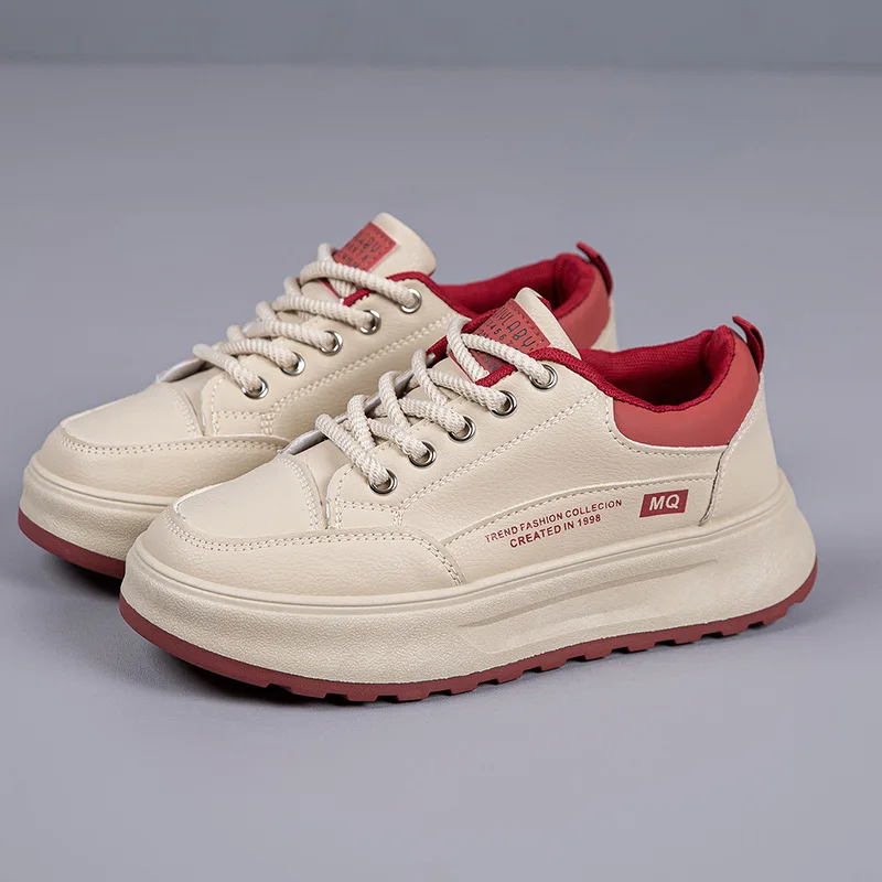 

Spring Women's White Shoes Autumn New Pu Leather Thick Sole Elevated Sports Shoes Women Student Street Casual Board Shoes