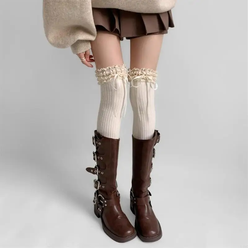 L5YC Women Japanese Student Winter Warm Cotton Over Knee Long Socks Elegant Ruffled Lace Top Bowknot Thigh High Stockings