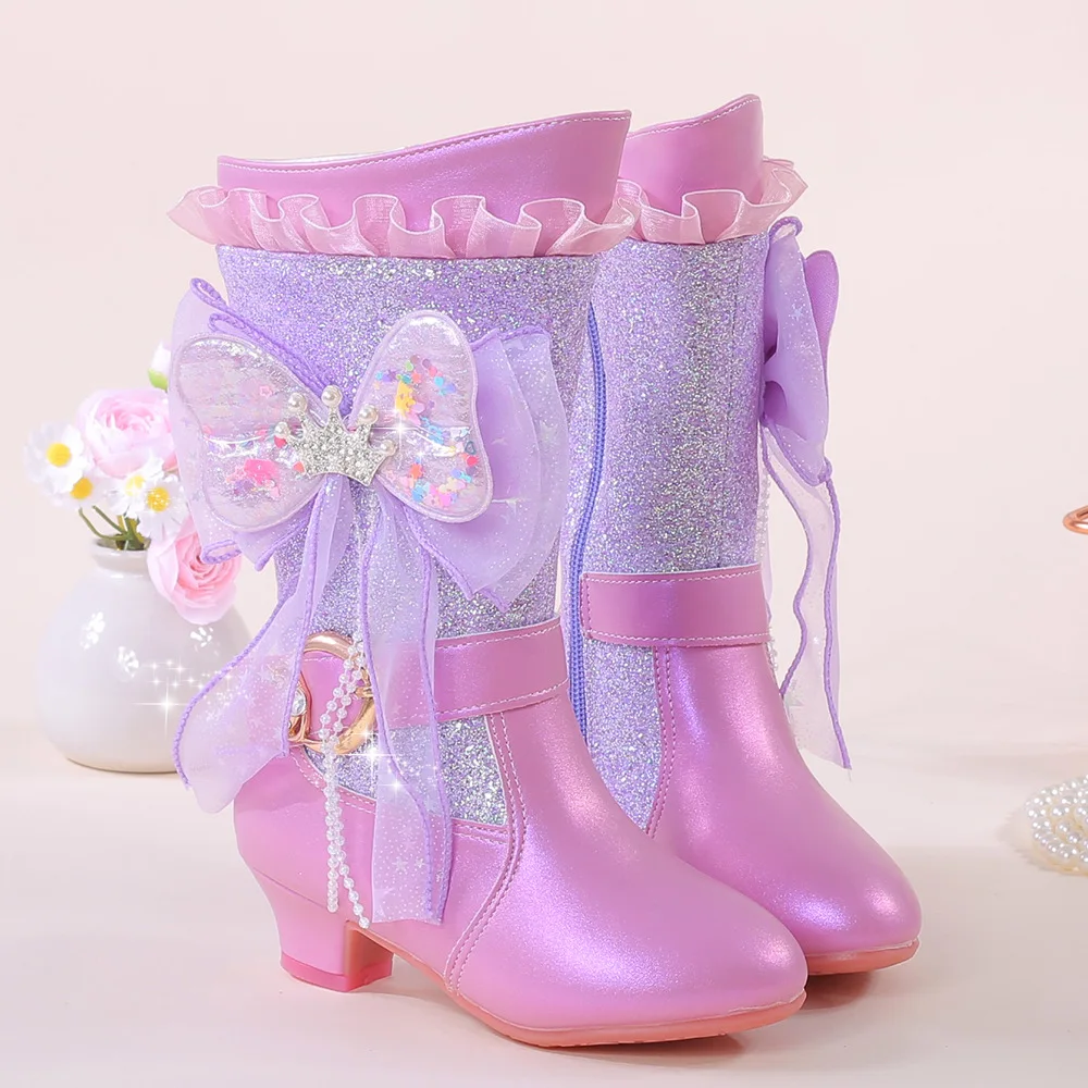 

Girls High Heels Kids Leather Boots Fashin Colorful Bow Side Zipper Princess Long Bootas Warm Plush Children's Snow Boots 26-38