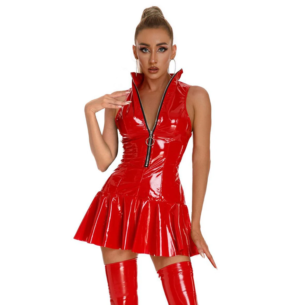 

Women's Exotic Leather Dress Wet Look Sexy Bodycon Pleated Latex Dress High Collar Sleeveless Latex Bottom Flare Mini Dresses