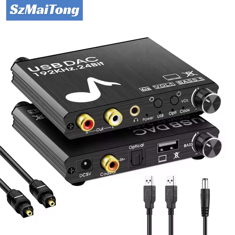 

USB DAC 192kHz 24Bit Digital to Analog Converter with Bass&Volume Control Coaxial Toslink to Analog Stereo L/R RCA 3.5 MM Jack