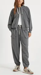 Women's Sweatpants Suit Cotton Hooded Zipper Sweatshirt + Elastic Waist Trousers 2 Piece Set Autumn B*C